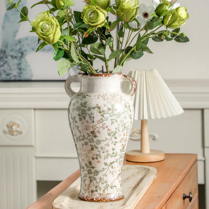Enra Farmhouse Vintage vase with Handle 12.6 in Ceramic Chinoiserie Floral Vase Green and Beige Decorative Flower vase Large Rustic Vases for Home Decors  Living Room  Bookshelf  Office - Image 2